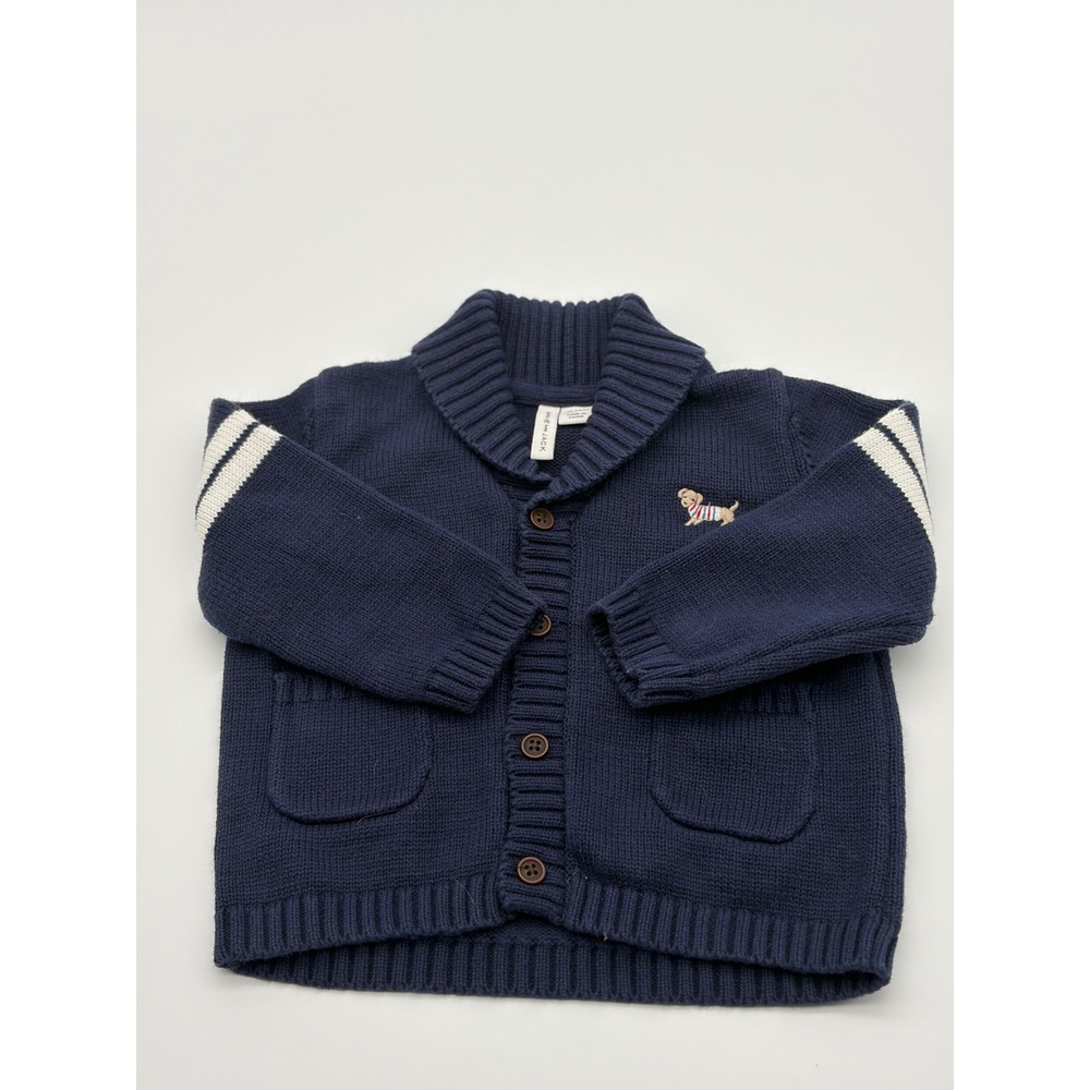 Janie and Jack Navy Blue Shawl Collar Cardigan Puppy Dog Varsity Stripe 12-18M
